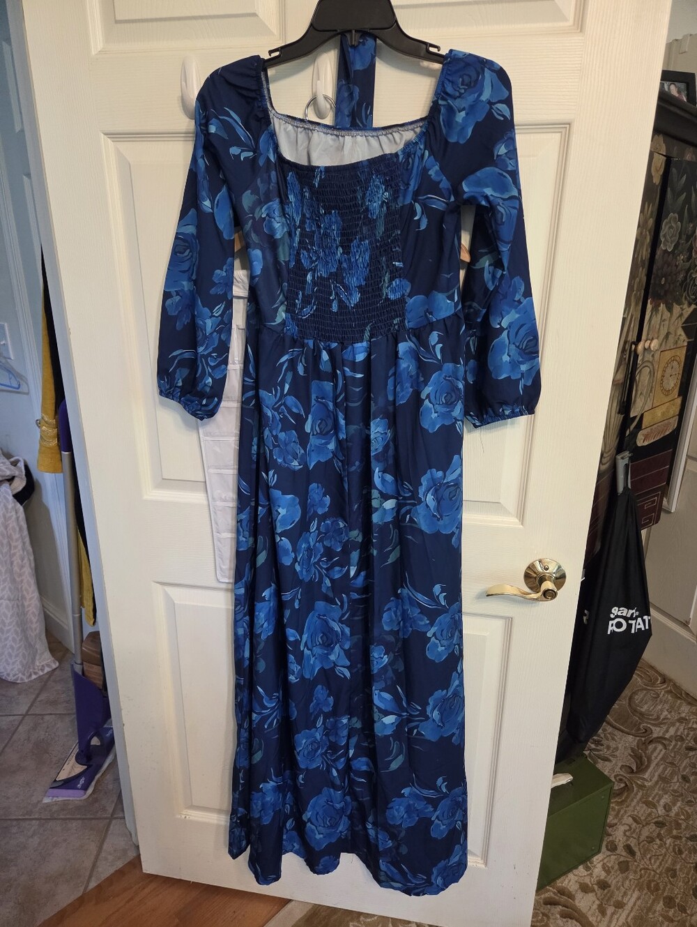 New Blue Floral Maxi Dress with Smocked Bodice